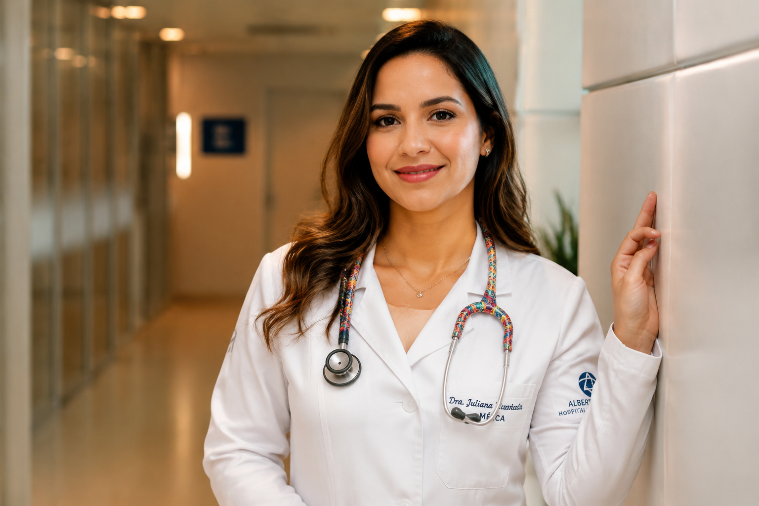 Médica jovem confiante em corredor de hospital