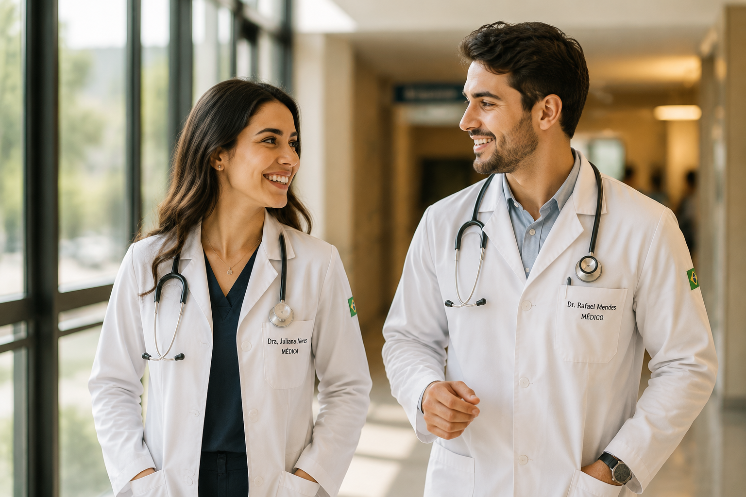 Médicos jovens caminhando juntos pelo hospital, sorrindo