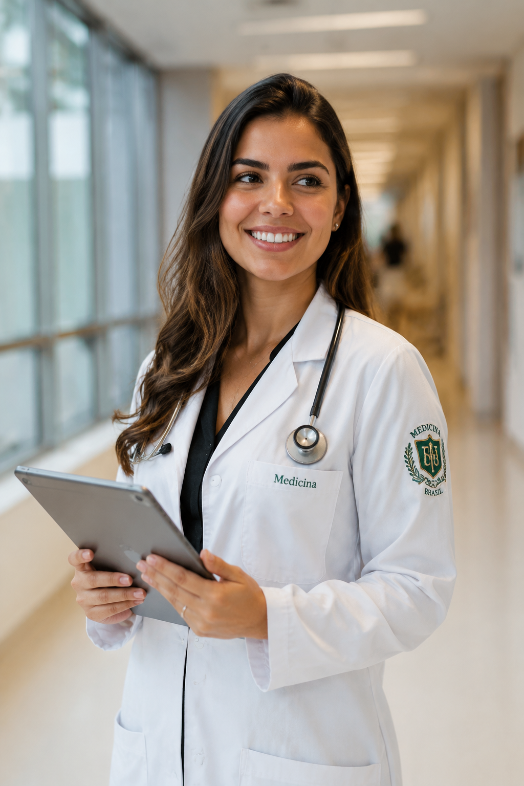 Médica jovem sorrindo, jaleco branco e tablet