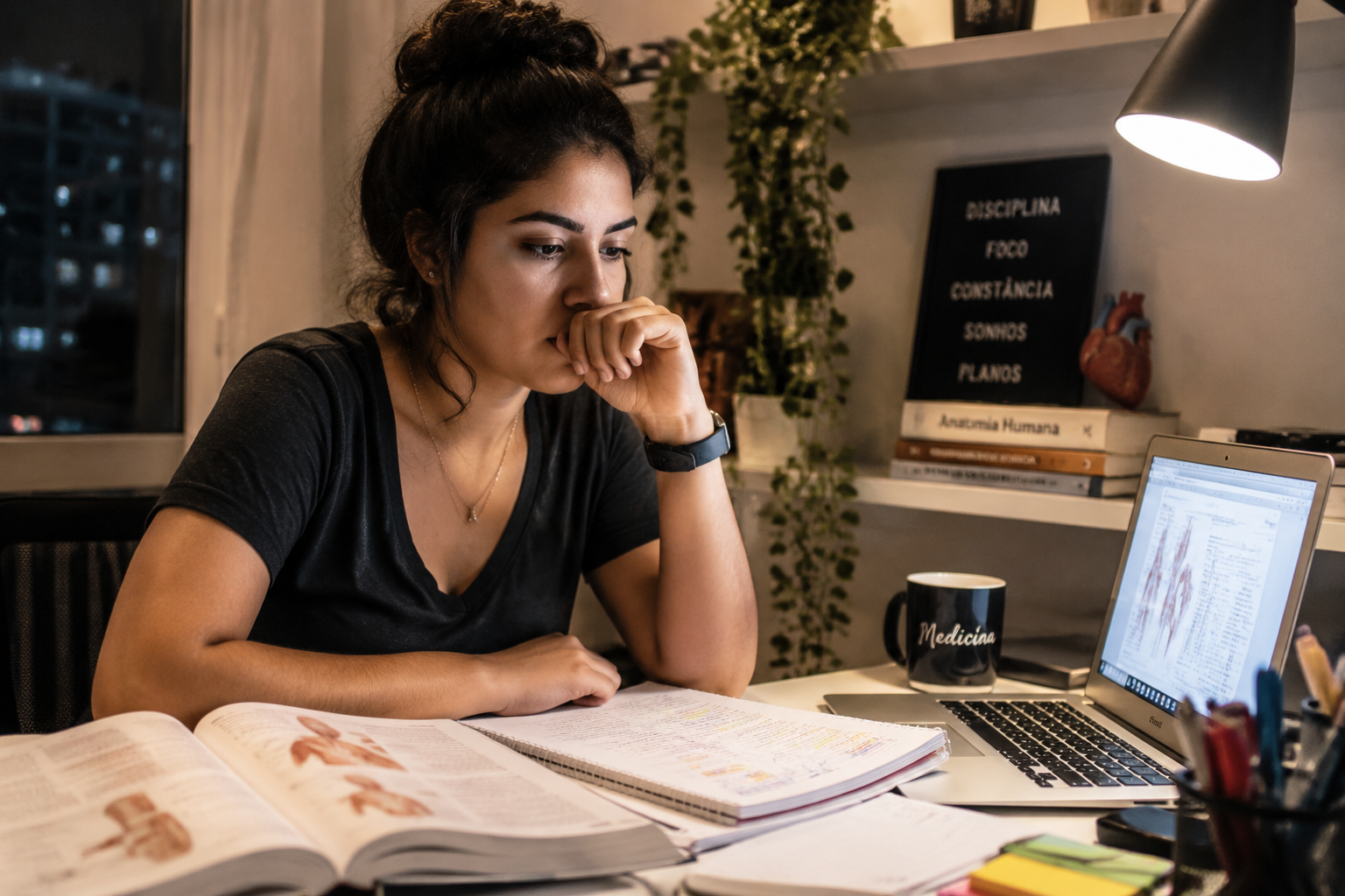 Estudante de medicina estudando à noite, pensativa